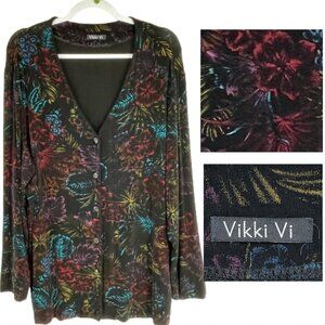 VIKKI VI Cardigan JACKET Womens 2X SLINKY ACETATE FLORAL‎ Button Office Career